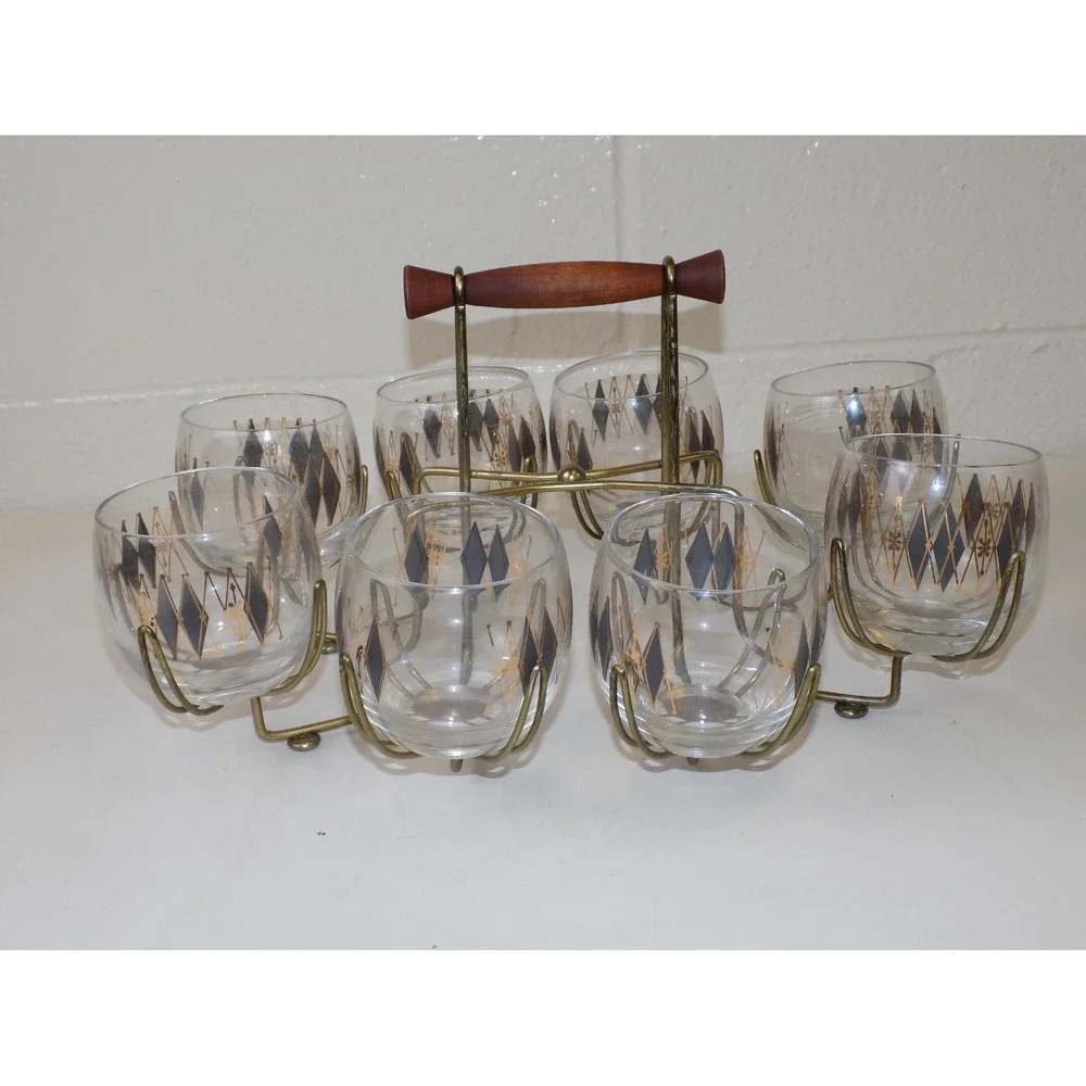 Federal Glass Harlequin Roly Poly Glasses Caddy Set MCM Atomic Barware 9 Pc